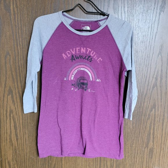 The North Face Adventure Awaits Purple Grey Baseball Tee Size Small - Picture 1 of 10